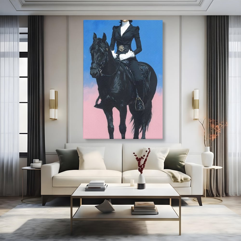 Tablou canvas cu tablou canvas cu femeie calare pe armasar, fara rama, pe sasiu de lemn, pe perete intr-un living